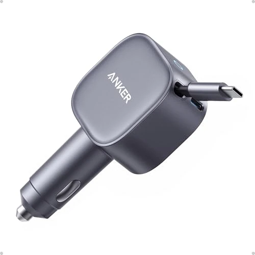 Anker Cargador Coche USB C 75W, Cargador Mechero Rápido Tipo-C Ultra Compacto con Cable Retráctil, Adaptador de Coche para iPhone 16/15 Series,MacBook Pro/Air, iPad,Galaxy, AirPods