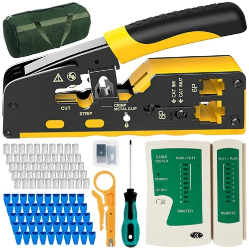 RJ45 Crimping Plier, 107 Piece Network Tool Set, Portable Passage Crimping Tool for Electric Cable Connectors, Cat5e, Cat6, Cat6a, Cat7, Multifunctional RJ45 Connector Tool with Tool Bag