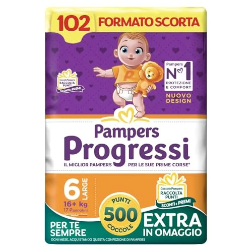 Offerta a tempo: Pampers Progressi XL, Taglia 6 (16+ kg), Formato Scorta, Pelli Delicate, Linguette Rinforzate, Anti-Fuoriuscite, 102 Pannolini Bambino + 500 Punti Omaggio - 20% da 66.93 € a 53.54 €
