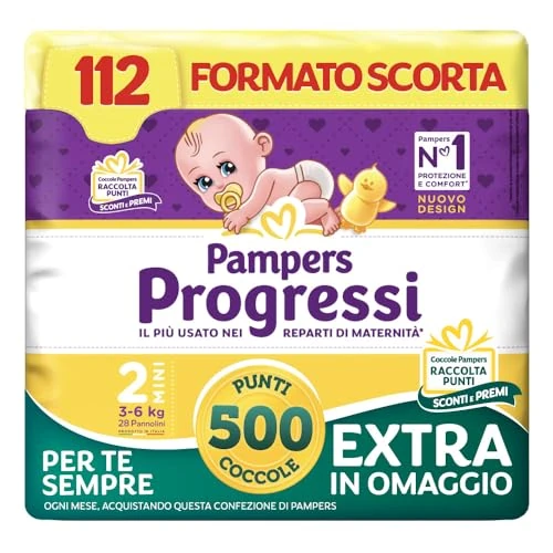 Pampers Progressi Mini +500 Extra Pampering Points, Size 2 (3-6 kg), 112 Nappies (Stock Size)