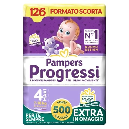 Pampers Progressi Maxi +500 Extra Pampering Points, Size 4 (7-18kg), 126 Nappies (Stock Size)