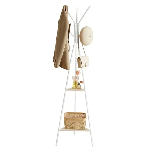 VASAGLE Garderobenständer in Baumform, Kleiderständer, freistehende Garderobe, Industrie-Design, mit 2 Ablagen, für Kleidung, Hüte, Taschen, naturbeige-perlweiß RCR016N01