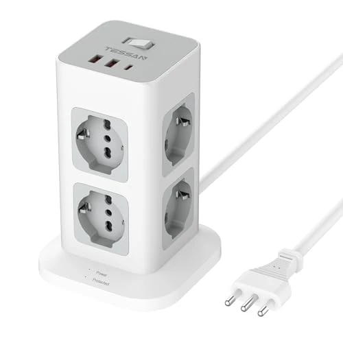 TESSAN Multiple Socket with 16A Plug, Space-Saving with 8 Schuko Sockets, Electric Sockets with 2 USB A and 1 USB C, Space-Saving Triple Socket for Office