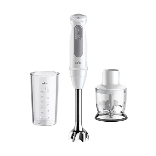 Braun MultiQuick 5 MQ50.201M, minipimer z technologią PowerBell Plus, 21 prędkości + turbo, system EasyClick Plus, pręt ze stali nierdzewnej, rozdrabniacz 350 ml i kubek 600 ml, 1000 W, biały