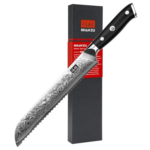 Limited offer: SHAN ZU Bread Knife 8 Inch Japanese Steel Damascus Serrated Knife Wave Edge, Professional Sharp 10Cr15Mov High Carbon Super Steel Cake Knife Bread Cutter with G10 Handle from 64.99 EUR to 64.99 EUR (save 0%)