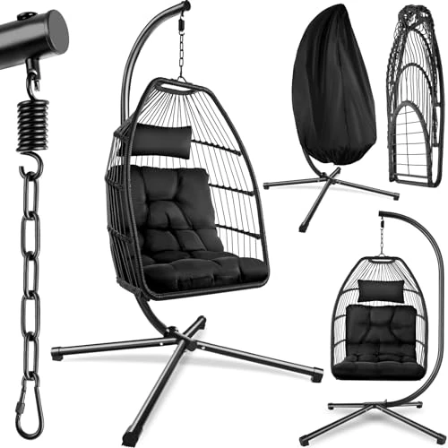 Offerta a tempo: tectake® Poltrona Sospesa Ariane, Telaio in Acciaio, Poltrona da Esterno Girevole e Pieghevole, Cuscino per Seduta, Cuscino Poggiatesta, Telo Protettivo Incluso - Nero - 23% da 149.99 € a 114.79 €