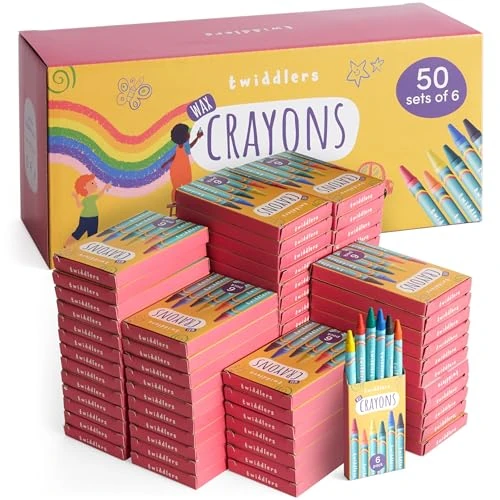 THE TWIDDLERS 50 pudełek kredek woskowych dla dzieci, 6 kredek w pudełku, łącznie 300 – mieszane kolory, idealne mini kredki do wypełniaczy torebek imprezowych, klas szkolnych, sztuki i rzemiosła,