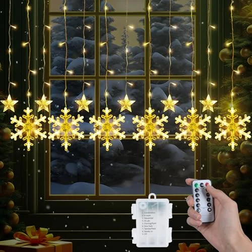 Qoosea Curtain Lights with 6 Snowflakes 6 Stars 126LED String Lights 8 Modes String Lights Remote Control Battery Powered Window Light Waterfall Fairy String Light Waterproof for Christmas Decor