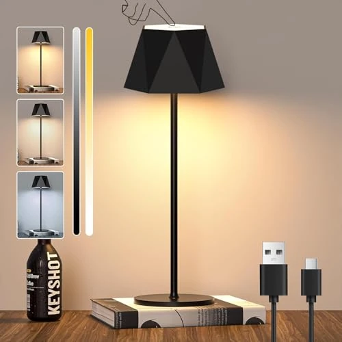 Bezprzewodowa Lampa Stołowe LED Ściemnialna Dotykowa Lampa Stołowe na Baterie, Akumulatorowa Lampa Biurkowa z USB-C, Wodoodporna Zewnętrzna Lampa Stołowe IP44 na kemping, na Sypialni, 5600 mAh, Czarna