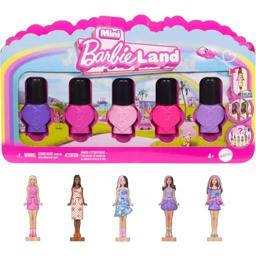 Barbie Coffret 5 Poupées Vernis à Ongles Mini BarbieLand avec modèles Fashionistas mystères de 4 cm cachées dans 5 flacons de vernis à ongles, collection instantanée (les styles peuvent varier)