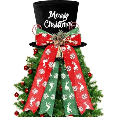 Offerta a tempo: KAHEIGN Punte per Albero di Natale, 25CM Grande Nero Puntale per Albero di Natale Cappello a Cilindro con Pigne e Fiocco di Neve Alce per Casa Natale Inverno Festa Decorazione Desktop Ornamenti - 44% da 8.99 € a 4.99 €