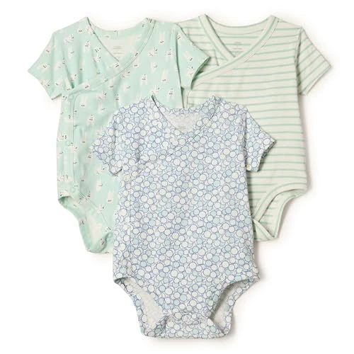 Limitiertes Angebot: Amazon Essentials x Sofia Grainge Unisex Baby Kurzärmeliger Body mit seitlichen Druckknöpfen, 3er-Pack, Häschen/Runde Bäume/Streifen, Frühchen von 7.83 EUR auf 7.83 EUR (Spare 0%)