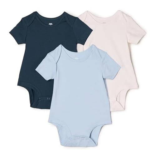 Amazon Essentials x Sofia Grainge Unisex Babies' Short-sleeved Crewneck Bodysuit, Pack of 3, Dark Navy/Ivory/Light Blue, Premature