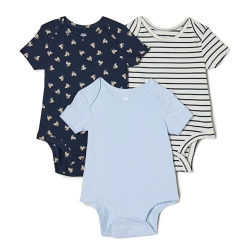 Amazon Essentials x Sofia Grainge Unisex Baby Kurzärmliger Bodysuit mit Rundhalsausschnitt, 3er-Pack, Hellblau/Häschen/Streifen, 6-9 Monate