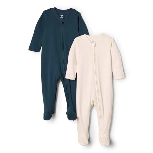 Amazon Essentials x Sofia Grainge Unisex Baby Schlafanzug aus Baumwolle und Füßen, 2er-Pack, Elfenbein/Marineblau, 0-3 Monate