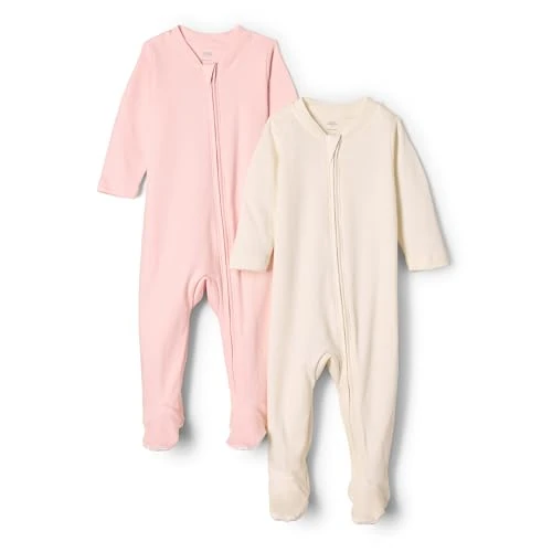 Amazon Essentials x Sofia Grainge Pigiama Intero in Cotone con Calze Unisex - Bambini e ragazzi, confezione da 2, Avorio/Rosa, 6-9 mesi