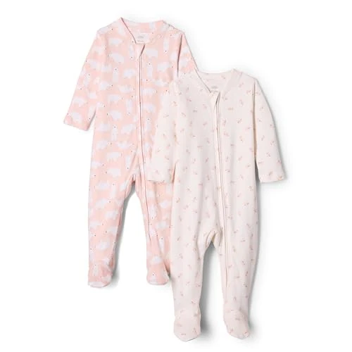 Amazon Essentials x Sofia Grainge Grenouillère avec Pieds en Coton Mixte Bébé, Lot de 2, Rose Lapin Ours, 0 mois