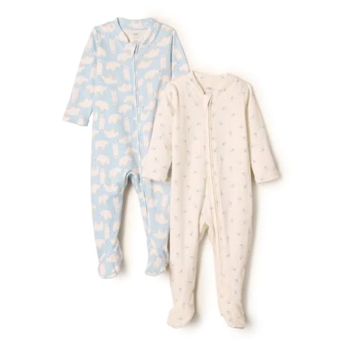 Amazon Essentials x Sofia Grainge Pigiama Intero in Cotone con Calze Unisex - Bambini e ragazzi, confezione da 2, Blu Coniglietto Orsi, 6-9 mesi