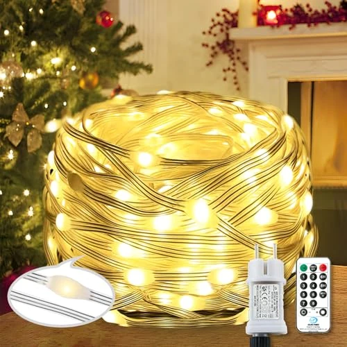 Qillnyy Lichtsnoer met 220 leds, voor buiten/binnen, 25 m, 8 modi, met afstandsbediening, timer, pvc-draad, decoratie, tuin, kerstboom, bruiloft, Kerstmis (warmwit)
