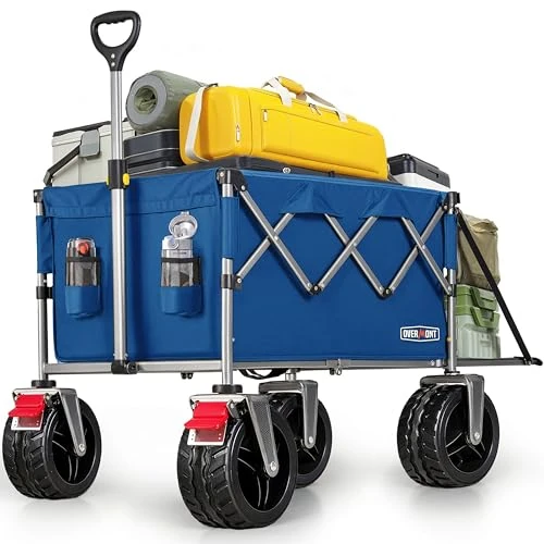 Begrenztes Angebot: Overmont Klappbar Bollerwagen mit Faltbarer Heckklappe - Alle Gelände Räder - 200L großes Fassungsvermögen mit Seitentaschen Getränkehalter Verstellbarem Griff - bis 120 kg Tragkraft Blau von 68.22 EUR auf 57.99 EUR (Rabatt 15%)