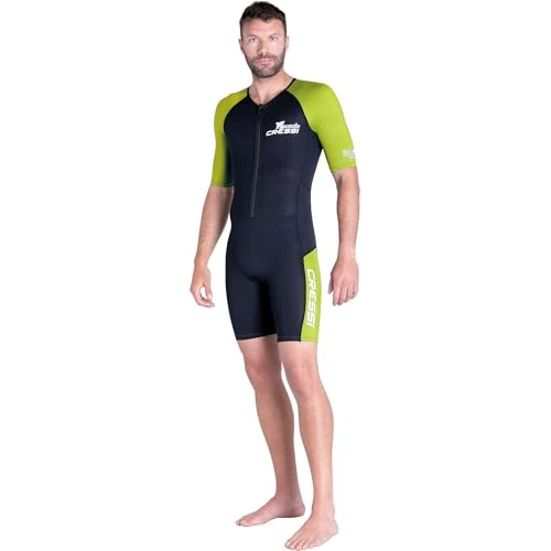 CRESSI Tiburon Man Shorty Wetsuit Black/Fluo Lime 2mm S/2 - Men's 2mm Neoprene and Elastane Shorty Wetsuit, YKK Front Zip, Black/Fluo Lime, S/2