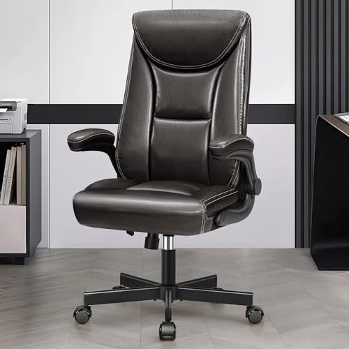 DoChair Directeursstoel, ergonomische bureaustoel van glanzend PU-leer, hoge rugleuning, 150 kg, bureaustoel met kantelfunctie, kantoorstoel, werkkamer, bruin