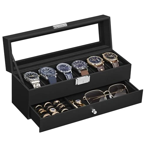 Limited-time offer: SONGMICS Watch Box, Watch Case with Glass Lid, 2-Tier Watch Display Case for 6 Watches, Lockable, 1 Drawer, for Rings, Bracelets, Gift Idea, Black Synthetic Leather, Black Lining JWB060B02 from 23.29 £ to 11.49 £ (save 50.67%)