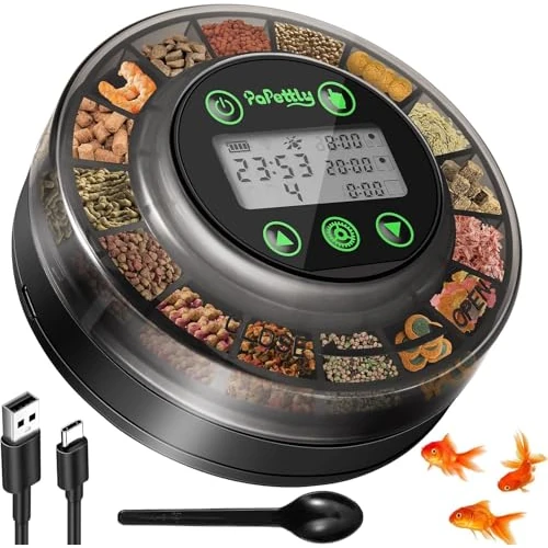 Papettly Alimentador Automatico Acuario - 200ml Comedero Automatico Peces con USB Charger y Pantalla LCD para Tortugas Peceras con Temporizador de Vacaciones, Cuchara Dispensador Comida Pieces, Negro