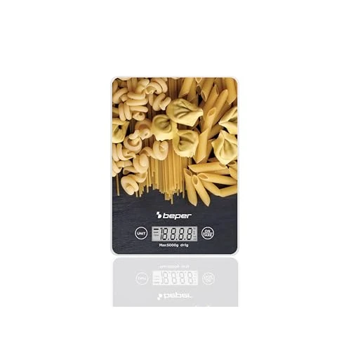 BEPER P102BIL003 Digitale Waage, Platte aus gehärtetem Glas, Küchenwaage mit LCD-Display und Touch-Tasten, Tara-Funktion, maximale Tragkraft 5 kg, automatische Abschaltung, Pasta-Motiv