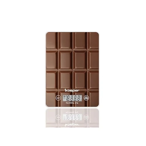 BEPER P102BIL002 Digitale weegschaal, Gehard glazen plaat, Keukenweegschaal met LCD-display en tiptoetsen, Tarra-functie, Maximaal weegvermogen 5kg, Automatische uitschakeling, Chocolade Fantasie