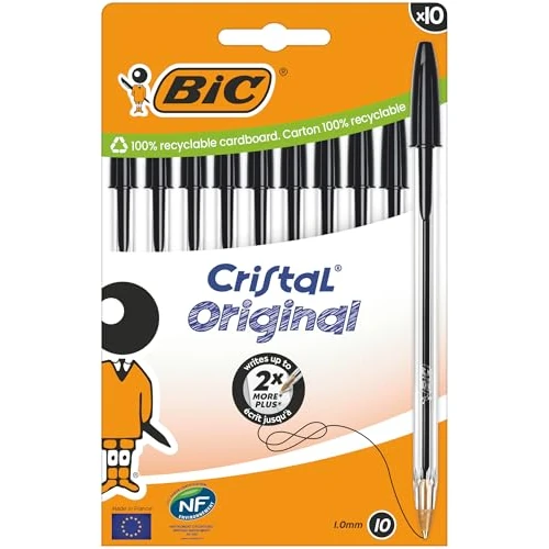 BIC Penne a Sfera Cristal Original con Punta Media (1,00 mm) e Tappi Abbinati al Colore dell’Inchiostro - Nero, Confezione da 10