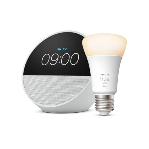 Begrenztes Angebot: Echo Spot | Weiß + Philips Hue White E27 Lampe, kompatibel mit Amazon Alexa - Smart Home-Einsteigerpaket von 110.98 EUR auf 54.99 EUR (Rabatt 50%)
