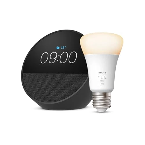 Oferta limitada: Echo Spot | Negro + Philips Hue - Bombilla led inteligente, casquillo E27, Compatible con Alexa - Kit de inicio de Hogar digital de 109.98 € a 54.99 € (ahorro 50%)
