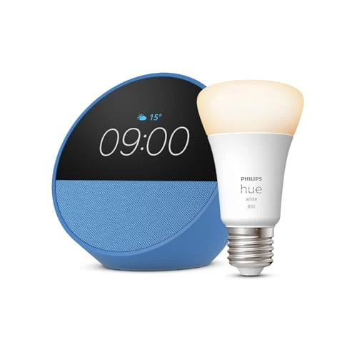 Oferta limitada: Echo Spot | Azul + Philips Hue - Bombilla led inteligente, casquillo E27, Compatible con Alexa - Kit de inicio de Hogar digital de 109.98 € a 54.99 € (ahorro 50%)