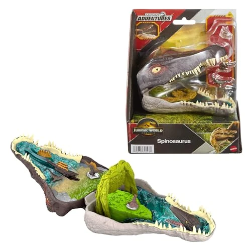 ​Mattel Jurassic World La Rinascita Micro Avventure, playset con testa di Spinosauro che si apre con 4 funzionalità interattive, 3 micro personaggi, dinosauro giocattolo, JGB98
