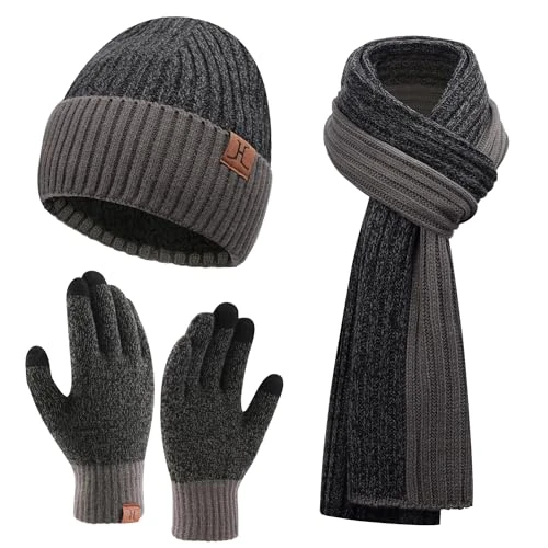 Herren Winter Warm Beanie Mütze Lange Schal und Touchscreen Handschuhe Set mit Fleece Gefüttert Wintermütze Strickmütze rutschfeste Winterhandschuhe Schals Geschenk für Männer, Dunkelgrau