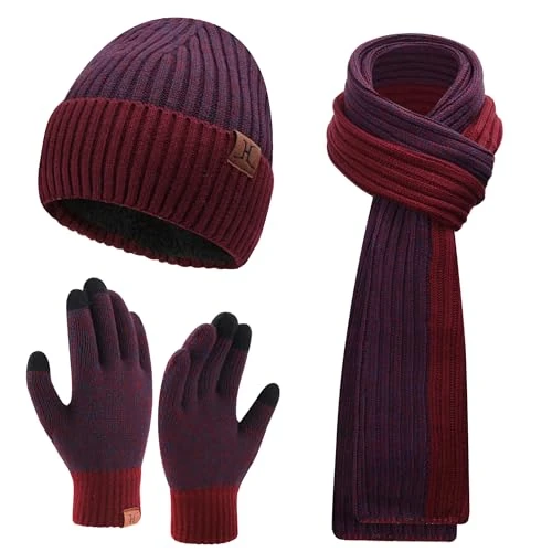 Herren Winter Warm Beanie Mütze Lange Schal und Touchscreen Handschuhe Set mit Fleece Gefüttert Wintermütze Strickmütze rutschfeste Winterhandschuhe Schals Geschenk für Männer, Weinrot