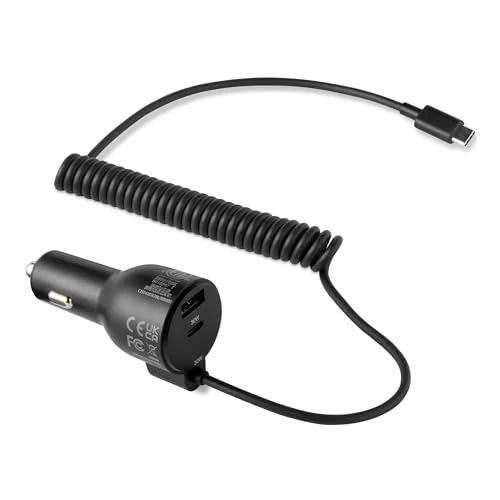 Offerta a tempo: Caricabatterie da auto a ricarica rapida Amazon Basics, 1 USB-C + 1 USB-A + 1 cavo a spirale integrato, 60 W, nero - 34% da 13.16 € a 8.71 €