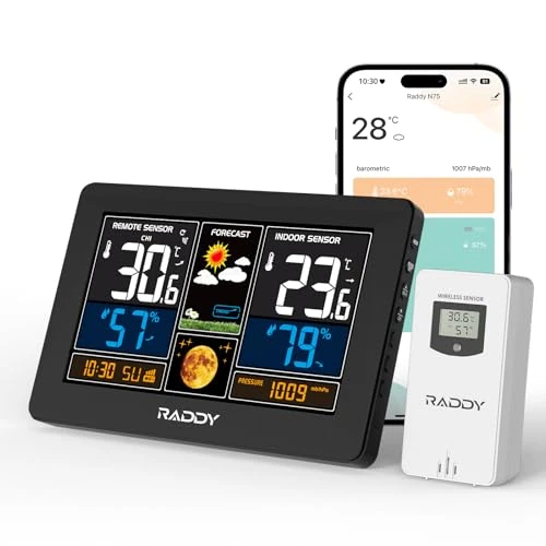 Oferta limitowana: Raddy N75 Stacja pogodowa Wi-Fi z czujnikiem zewnętrznym, radiowa stacja pogodowa 7,5", prognoza pogody wewnątrz i na zewnątrz, ze sterowaniem za pomocą aplikacji, zegar sieciowy, prognoza pogody z 259.99 zł na 168.99 zł (oszczędź 35%)