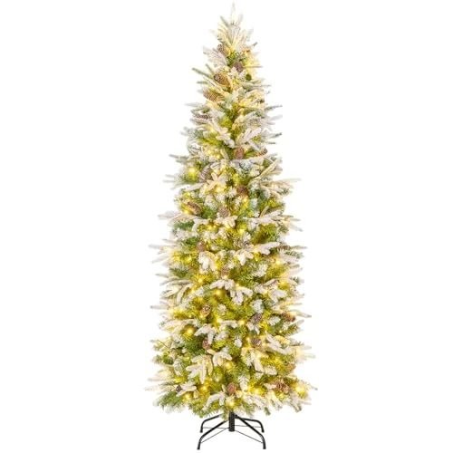 COSTWAY Kunstkerstboom, 190 cm, met 280 warmwitte ledlampen, beweegbare takken en 671 takjes, 60 dennenappels, ideaal voor thuis, bedrijf en kantoor