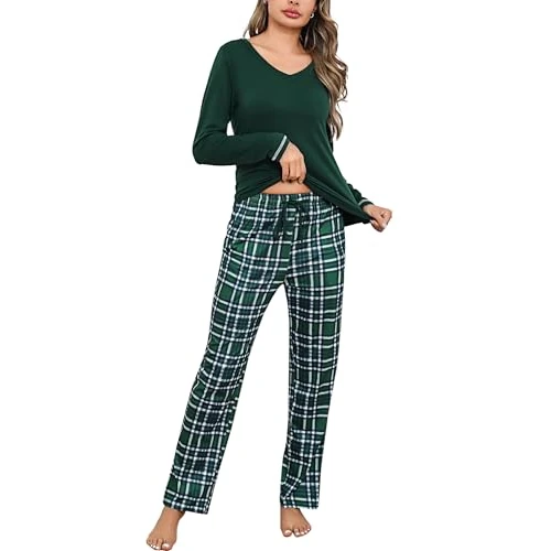 Offre limitée : Litherday Pyjama Femme Hiver Ensembles de Pyjama Coton Col en V Vêtements de Nuit à Manches Longues Imprimé à Carreaux Automne Vêtement d'Intérieur de 23.99 EUR à 22.79 EUR (remise 5%)