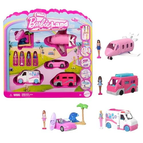 Offerta a tempo: Barbie Mini BarbieLand Reveal, set con 4 mini veicoli iconici e 4 mini bambole abbinate, effetto a sorpresa cambia colore, giocattolo per bambini, 4+ anni, JGL30 - 30% da 27.99 € a 19.56 €