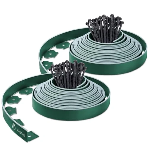 VOUNOT® Bordo Giardino Flessibile, Bordi Aiuole Plastica, con 60 Chiodi di Fissaggio, Lunghezza 20m, Altezza 5cm, Verde Bordato di Verde Chiaro