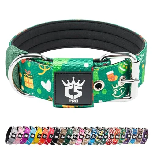 TSPRO Heavy Duty Tactical Dog Collar 1.5" Wide, Padded Dog Collar with Metal Buckle, Adjustable for Walking Training Outdoor for Medium Large Dogs (Christmas Green, L)