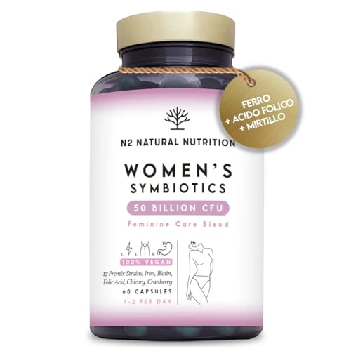 Probioticos Mujer + Flora Intima. 1 capsula/Día para 2 Meses. 50 Mil Millones UFC y 17 Cepas. Formula Complex con Hierro, Arándanos y Acido Fólico, Salud Digestiva e Intima. N2 Natural Nutrition
