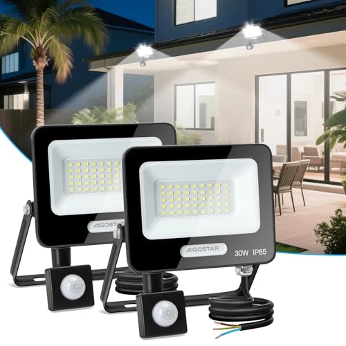 Aigostar- 30W Foco LED con Sensor Movimiento, Super Brillo Focos Exterior, 2750LM, Blanco Frío 6500K, IP65 Impermeable, Proyector LED Exterior, Perfectas para Jardín, Garaje, Patio, Paquete de 2