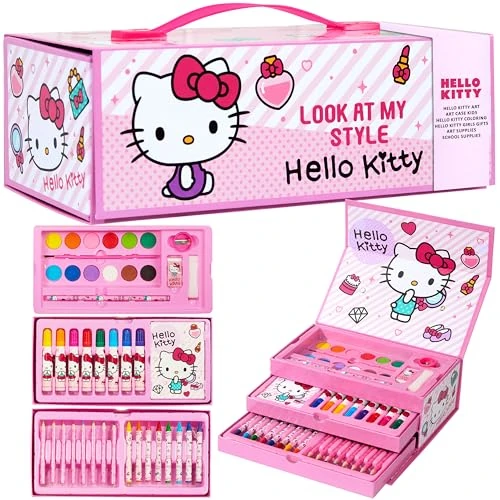Limitiertes Angebot: Hello Kitty Malkasten Kinder mit Wasserfarben, Buntstifte, Wachsmalstifte & Bastel Sachen - Geschenke für Mädchen (Rosa) von 18.99 EUR auf 15.99 EUR (Spare 16%)
