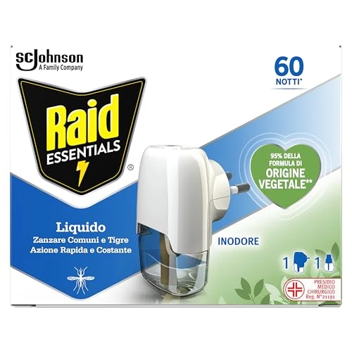 Offerta a tempo: Raid Essentials Liquido Elettrico Base, Antizanzare Comuni e Tigre, 95% della Formula di Origine Vegetale, Inodore, Confezione da 1 Diffusore e 1 Ricarica 36ml, 60 Notti - 34% da 6.99 € a 4.59 €
