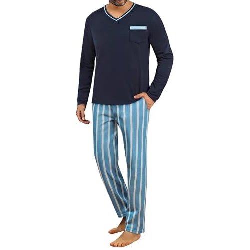 Demegimi Men's Pyjamas Long Striped Cotton Winter Pyjamas Nightwear Set Long Sleeve Striped Pyjama Bottoms for Men, sky blue, M