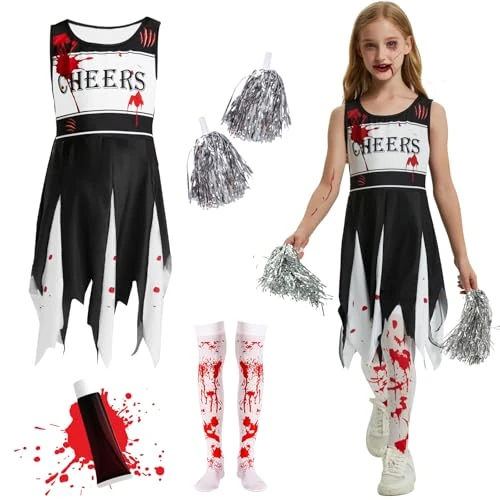 Ulikey Cheerleader-kostuum voor kinderen, Halloween, horror cheerleader-kostuums met nepbloed en pompons, high school zombie, cheerleader-kostuum voor kinderen, meisjes, voor Halloween,